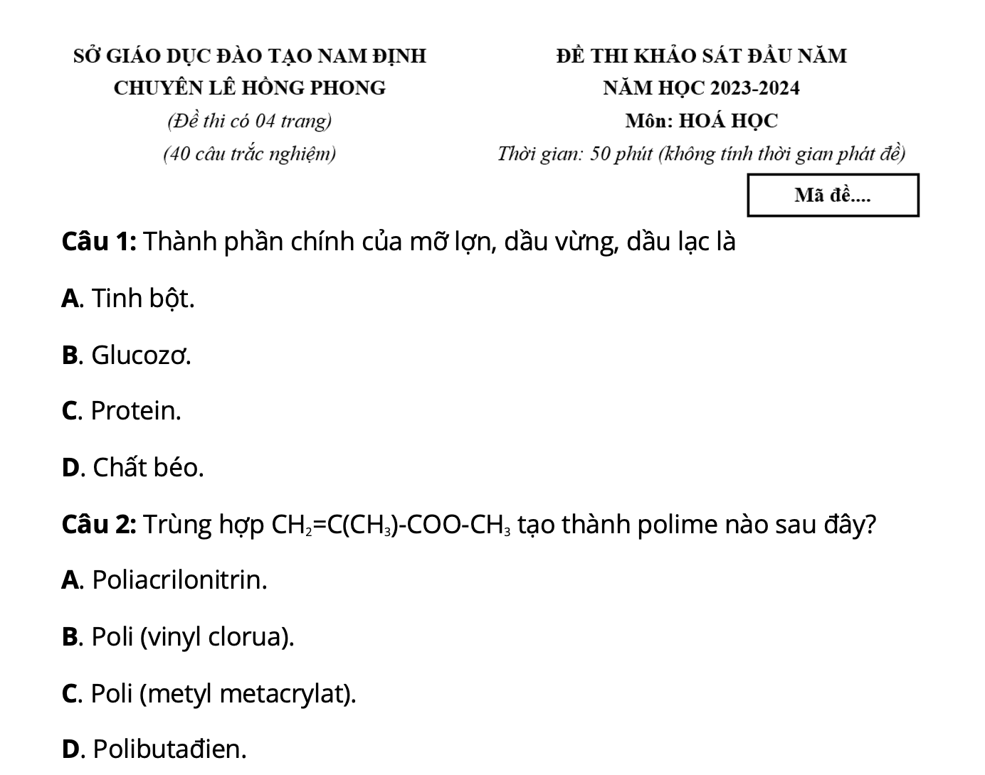 Tài liệu trích ra từ đề thi thử môn hoá học kỳ thi thpht 2024 của bộ gd và đt nam định